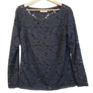ROSEMUNDE \ Lace Blouse Stretchy Sheer Floral Navy Sz  M